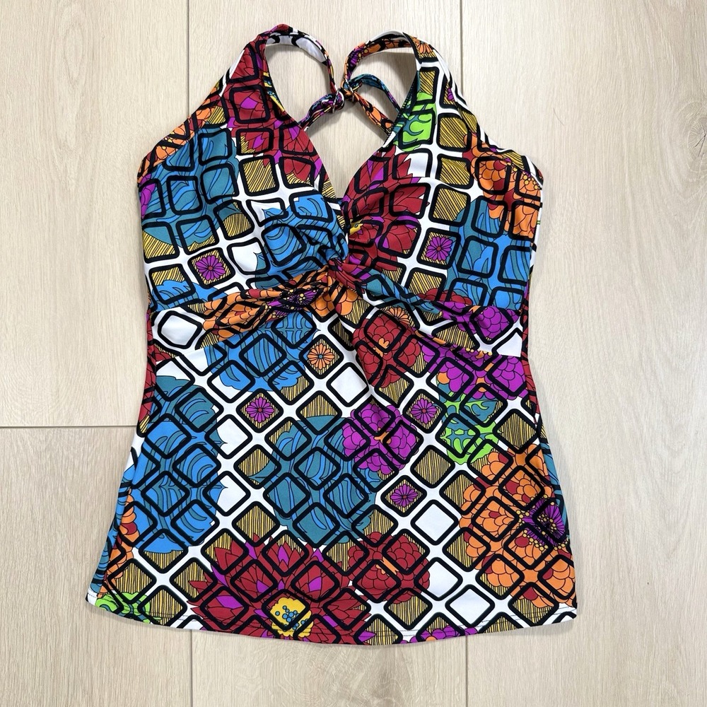 Sunsets Women's‎ 32DD Tankini Swim Top Multicolor Geometric Floral Print Halter